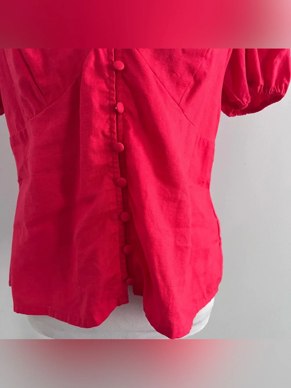 Boden Red Linen V-Neck Puff Sleeve Button Front Top Womens US 10 UK 14